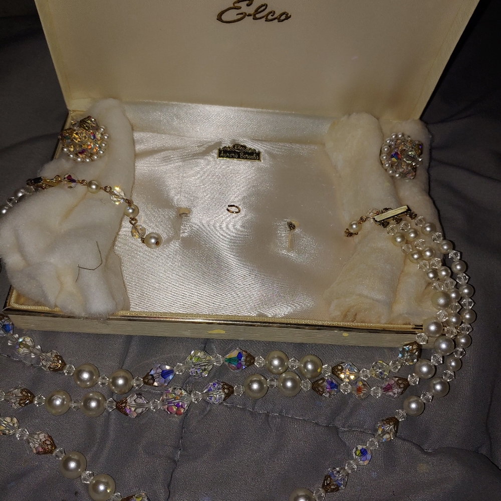 Elco Aurora Borealis vintage necklace and clip on earrings